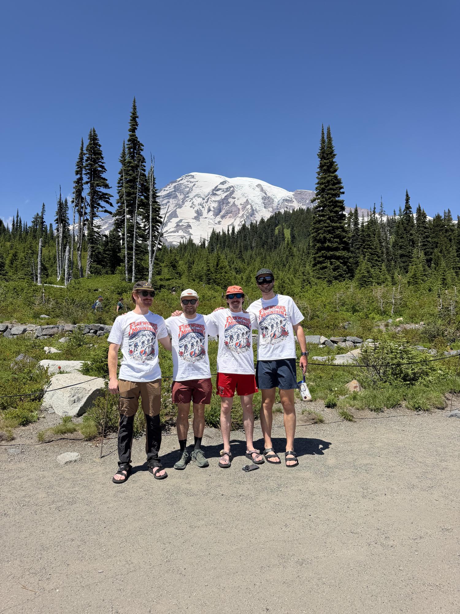 Four climbers in matching shirts posing in a meadow below Mount Rainier